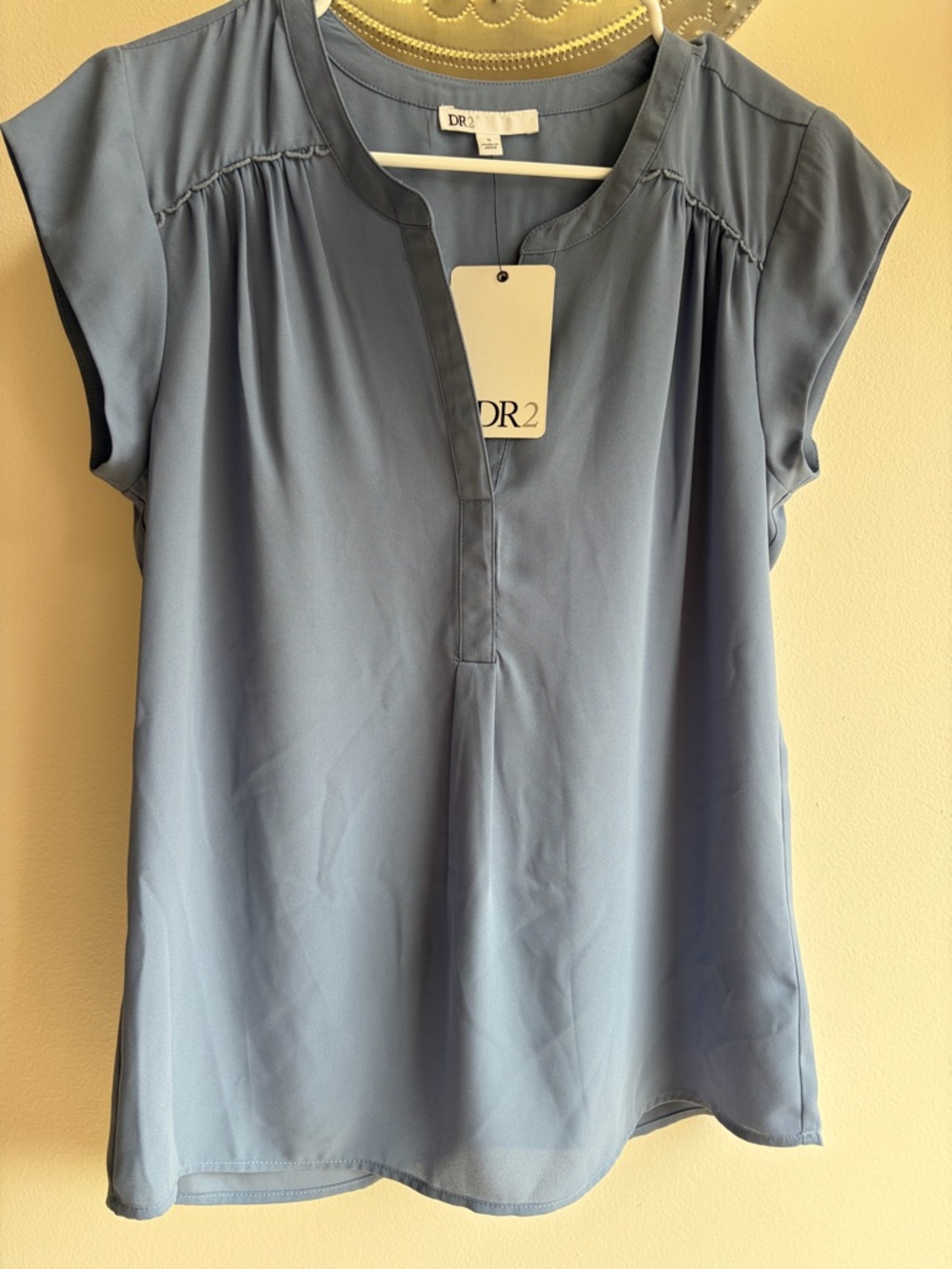 DR2 Lightweight Cap-Sleeve V-Neck Blouse in Slate Blue